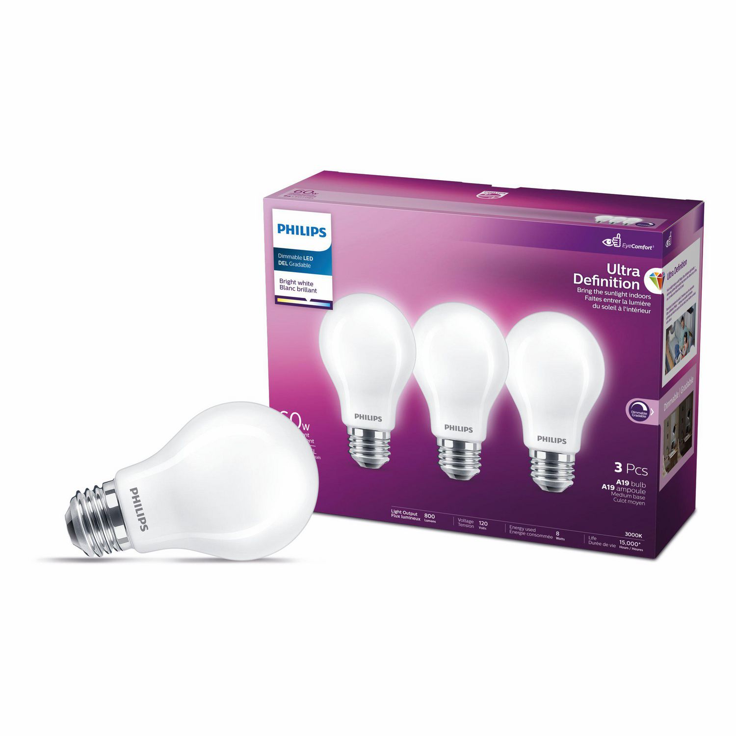 PHILIPS 8W 60W Ultra Definition A19 Bright White Dimmable LED