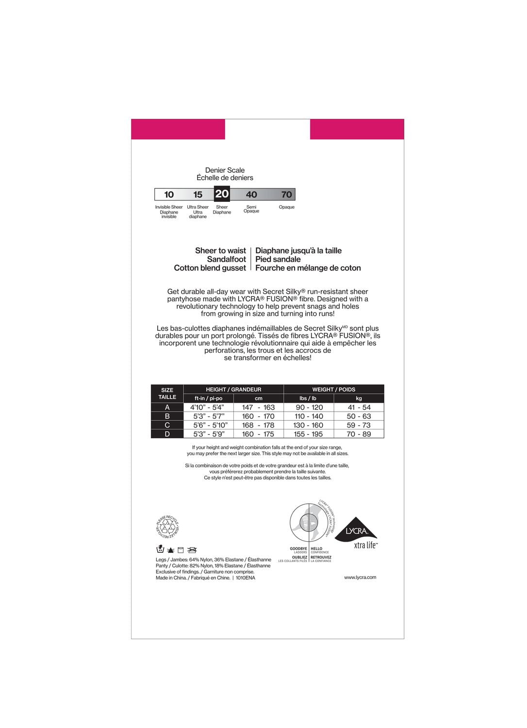 Secret® Silky Indemaillable Bas-Culotte 1pk Taille à D