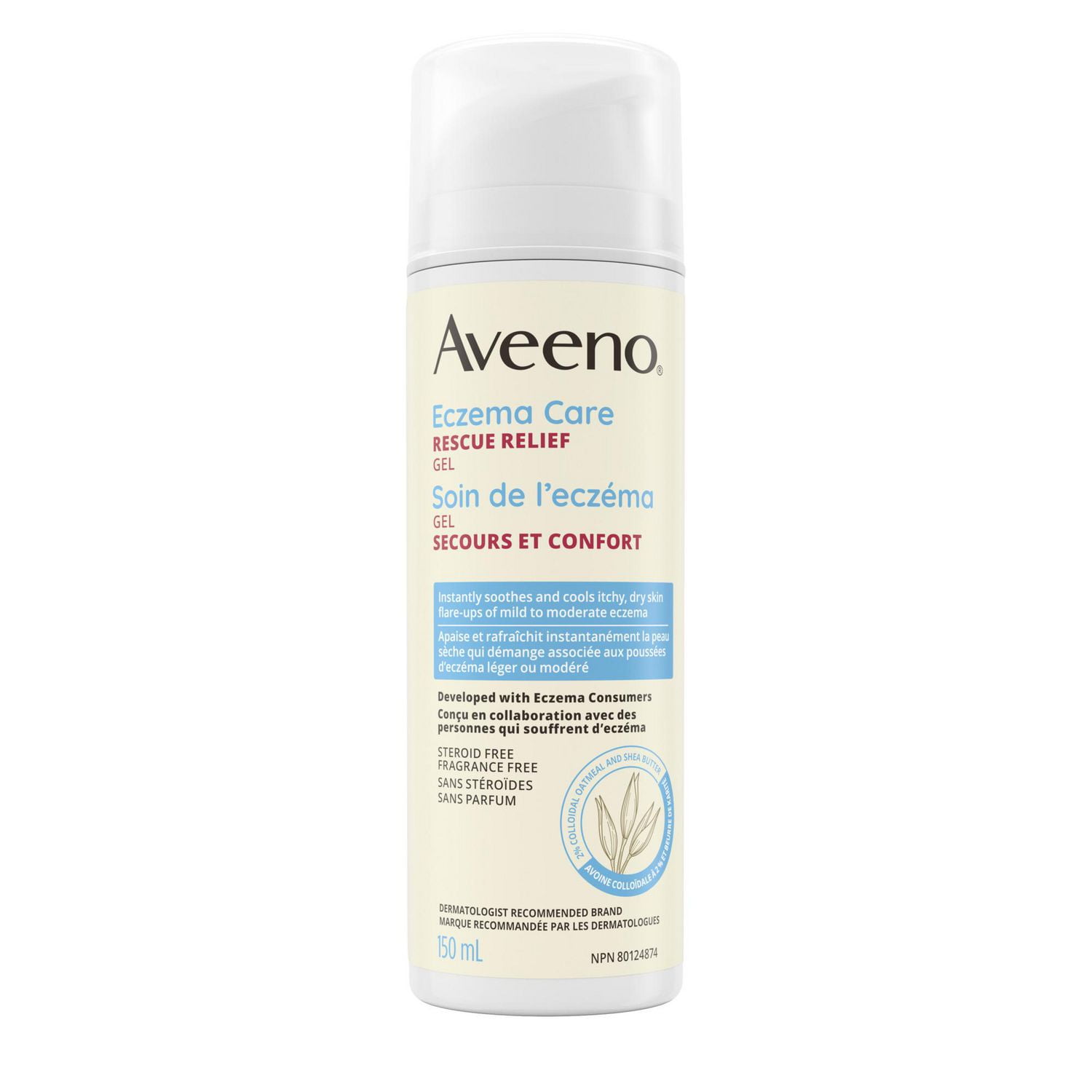 Aveeno Soin de l'eczéma, gel secours et confort, avec avoine colloïdale pour la protection cutanée, apaise et rafraîchit instantanément la peau sèche qui démange associée aux poussées d'eczéma, sans stéroïdes et sans parfum 150 mL