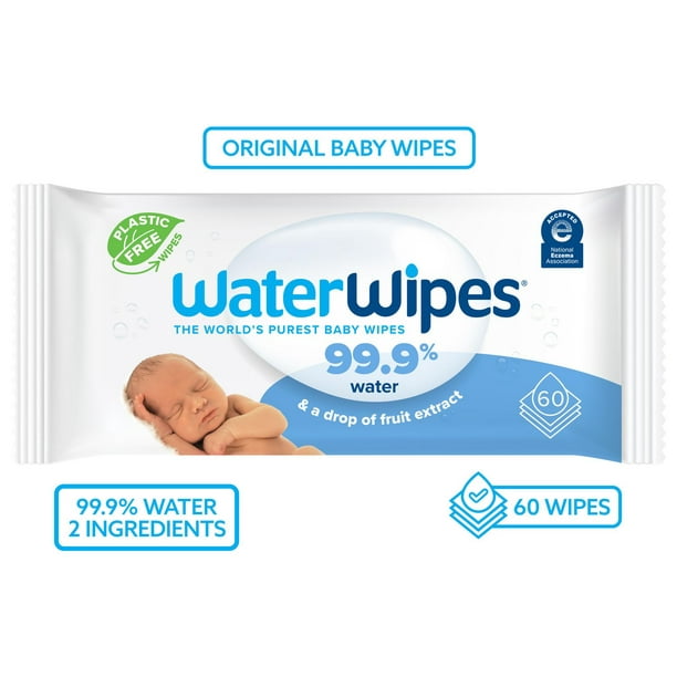 Lingettes pour bébés originales sans plastique WaterWipes, lingettes à base  d’eau à 99,9 %, non parfumées, sans fragrance et hypoallergéniques pour