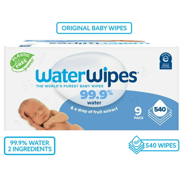 Lingettes pour bébés originales sans plastique WaterWipes, lingettes à base  d'eau à 99,9 %, non parfumées, sans fragrance et hypoallergéniques pour les  peaux sensibles, 540 unités (9 paquets), l'emballage peut varier WaterWipes
