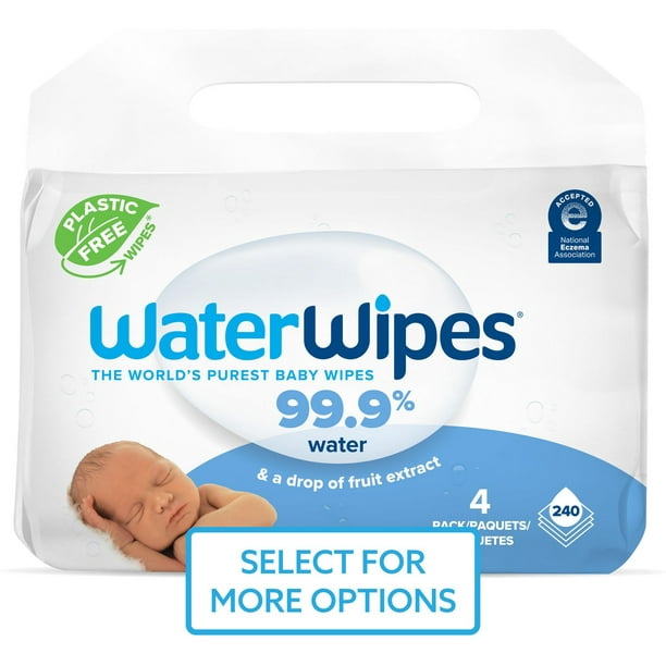 Lingettes pour bébés originales sans plastique WaterWipes, lingettes à base  d'eau à 99,9 %, non parfumées, sans fragrance et hypoallergéniques pour les  peaux sensibles, 240 unités (4 paquets), l'emballage peut varier WaterWipes