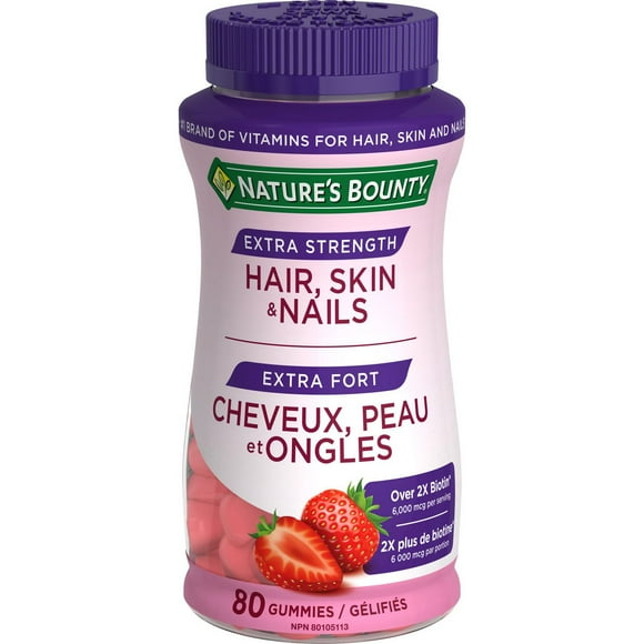 NATURE'S BOUNTY Cheveux, peau et ongles Extra-fort, gélifiés, aide à maintenir la santé des cheveux et de la peau, favorise des ongles plus épais et plus sains et des cheveux plus épais, saveur de crème à la fraise 80 paquet 80 Gélifiés