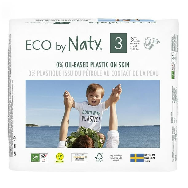 Couches bébé jetables de qualité supérieure Eco by Naty pour peaux sensibles, taille pour nouveau-né, 4 paquets de 25 (100 couches) (produit chimique, sans dioxine ni parfum)