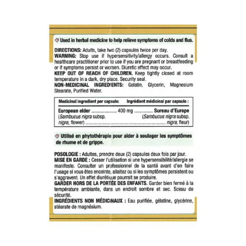 NATURE'S BOUNTY European Elderberry, 400 mg, Helps Relieve Cold And Flu Symptoms, Used In Herbal Medicine, Capsules 100.0 count