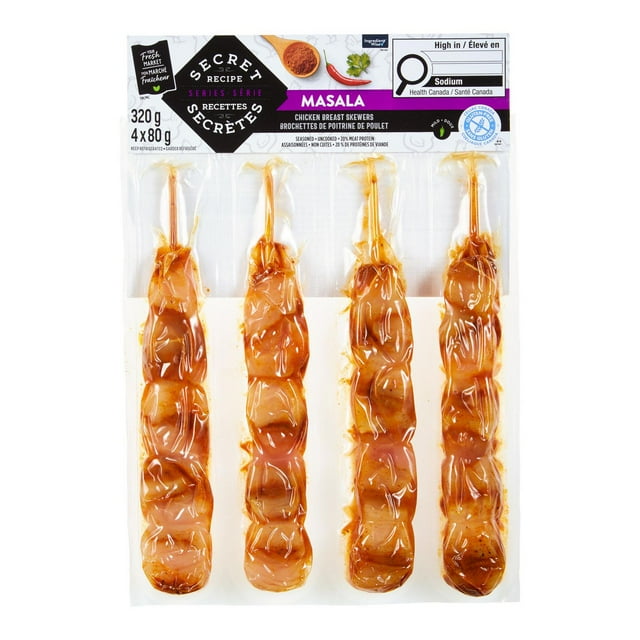 Brochettes de poitrine de poulet Masala Recettes secrètes Mon marché fraîcheur 4 morceaux de 80 g, total de 320 g