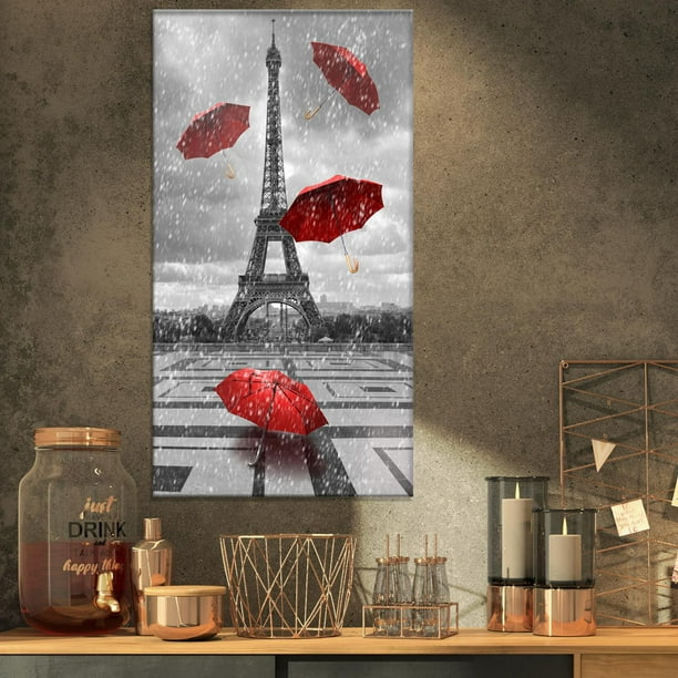 Tableau en toile imprimé Tour Eiffel et parapluie rouge avec cadre en bois  noir 30x40cm - PARIS
