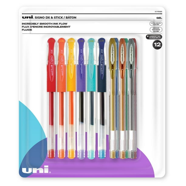 uni-ball Gel Pens, Ultra Micro (0.38mm) & Medium (0.8mm) Points, Assorted  Colors, 12 Count 