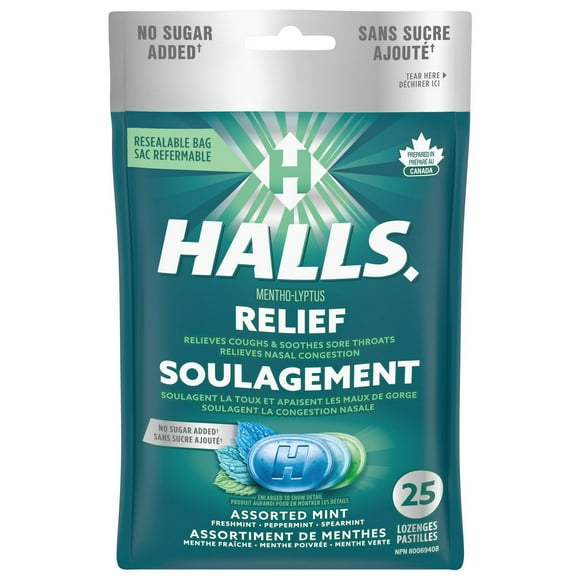 HALLS No Sugar Added Assorted Mint Cough Drops, Throat Lozenges, Sore Throat Relief, Mentho-Lyptus, 25 Lozenges