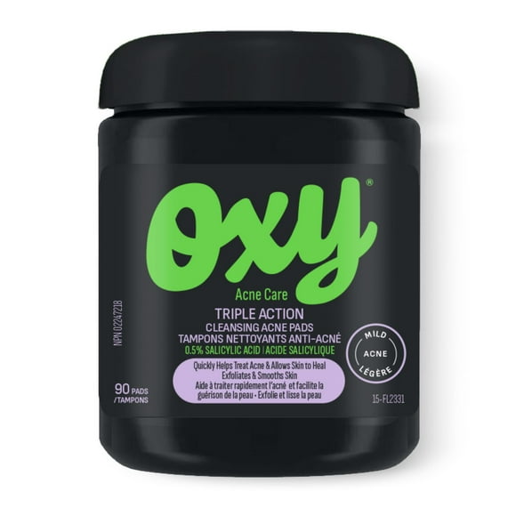 Oxy Triple Action Cleansing Acne Pads with Clinically Proven Salicylic Acid (0.5%) – For Mild Acne - Exfoliates, Helps Treat, and Prevent Breakouts – Paraben & Preservative Free - Dermatologist Tested, Cleansing Acne Pads, 90 count