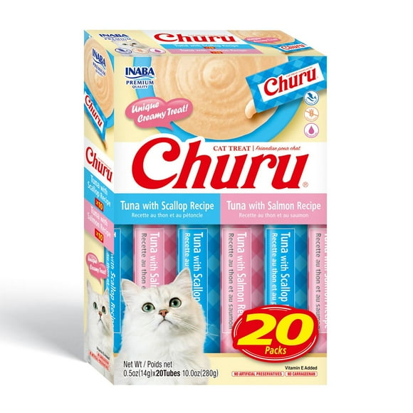 INABA Churu Cat Treats, Grain-Free Lickable Creamy Purée with Vitamin E,  20 Tubes (20 x 14g), Tuna Variety Box