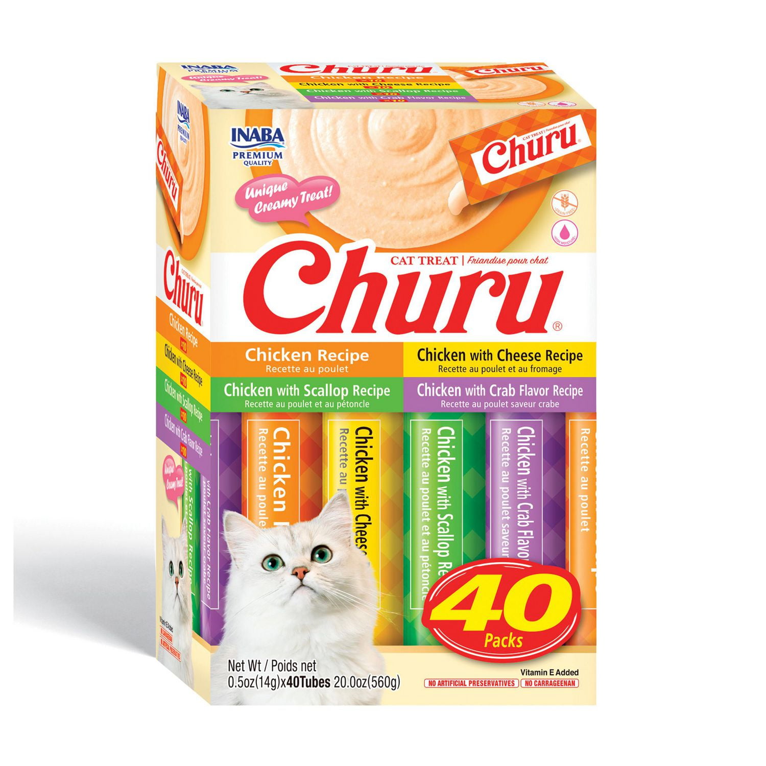 INABA Churu Cat Treats Grain Free Lickable Creamy Puree with Vitamin E 0.5 Ounces per Tube 40 Tubes Total Chicken Variety Box Walmart