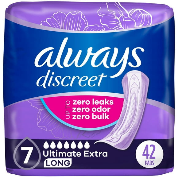 Always Discreet Adult Incontinence Pads for Women, Ultimate Extra Absorbency, Long Length, Postpartum Pads, 42CT
