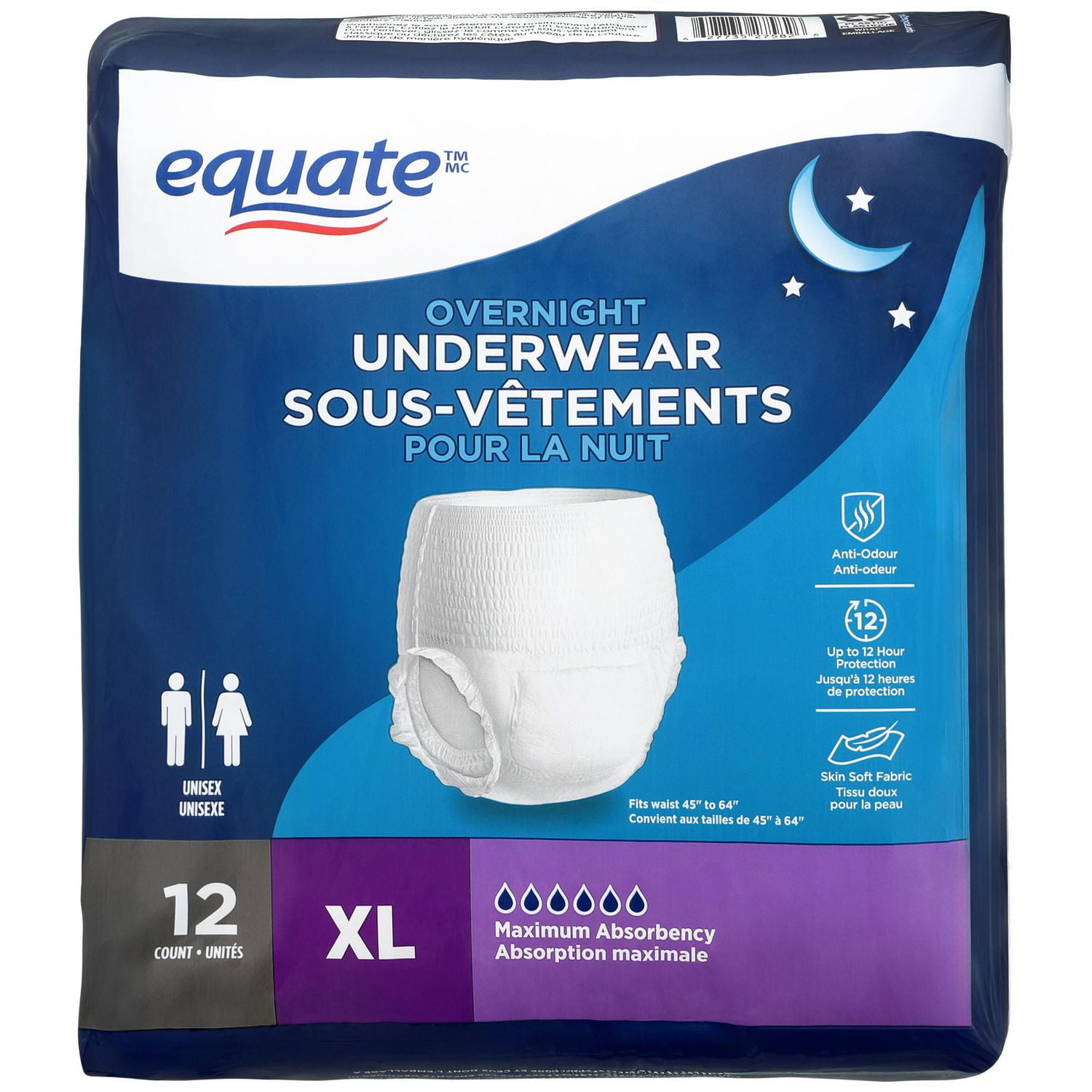 Sous-vêtements de nuit Equate pour incontinence, taille extra large