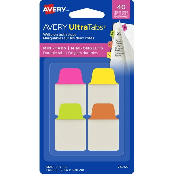 Avery UltraTabs(MC) Mini-Onglets<br>Onglets repositionnables, marquables sur les deux côtés, 1" x 1½", couleures néon