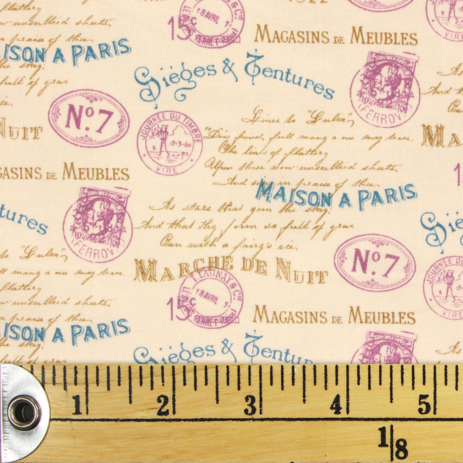 Fabric Creations Cotton Cream Vintage Stamps Fabric by The Metre