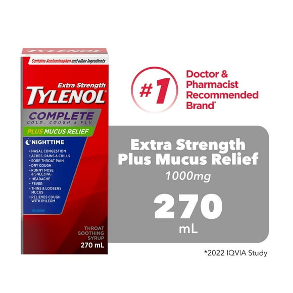 Tylenol Extra Strength Complete Cold, Cough & Flu Plus Mucus Relief Throat Soothing Syrup, Nighttime, Relieves Cough Cold & Flu symptoms, 270 mL