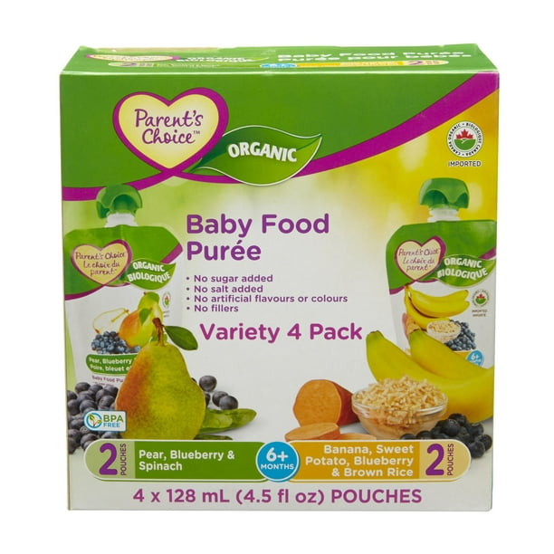 Ens. de variétés de purées pour bébés Le choix du parent à saveur de pomme biologique, bleuet, épinard et banane, patates douces et riz brun