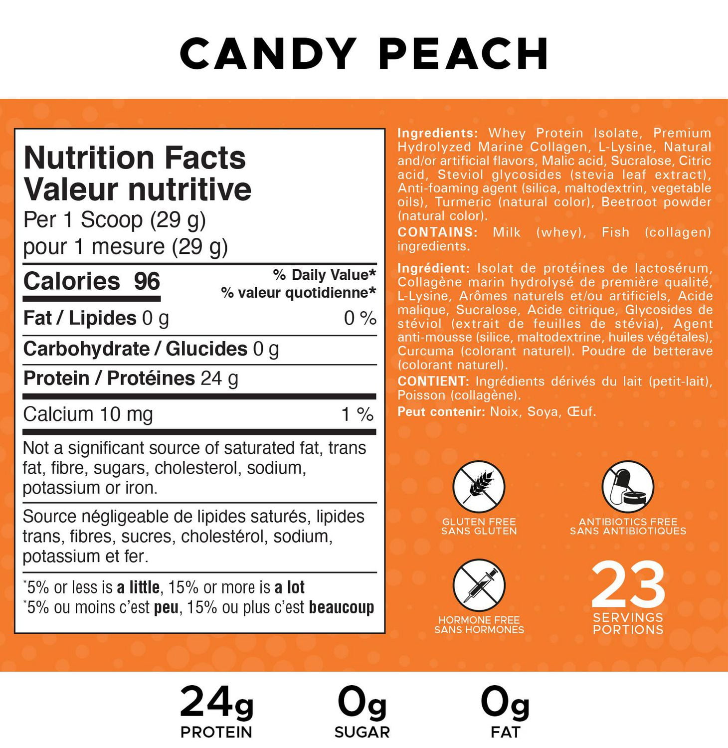 Revolution Nutrition, Splash Clear Isolate Protein, Poudre d’Isolat de Whey 100 % Clair, 24 g de Protéines par Dosette, Zéro Sucre, Zéro Glucide, Saveur Candy, Collagène, 667 g, Pêche Candy (23 Portions)