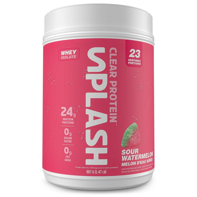 Revolution Nutrition, Splash Clear Isolate Protein, Poudre d’Isolat de Whey 100 % Clair, 24 g de Protéines par Dosette, Zéro Sucre, Zéro Glucide, Saveur Candy, Collagène, 667 g, Melon d’Eau Aigre (23 Portions)