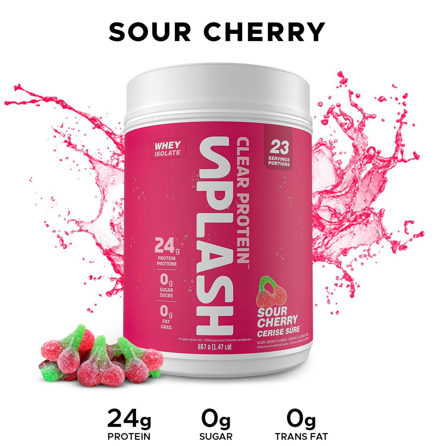 Revolution Nutrition, Splash Clear Isolate Protein, Poudre d’Isolat de Whey 100 % Clair, 24 g de Protéines par Dosette, Zéro Sucre, Zéro Glucide, Saveur Candy, Collagène, 667 g, Cerise Aigre (23 Portions)