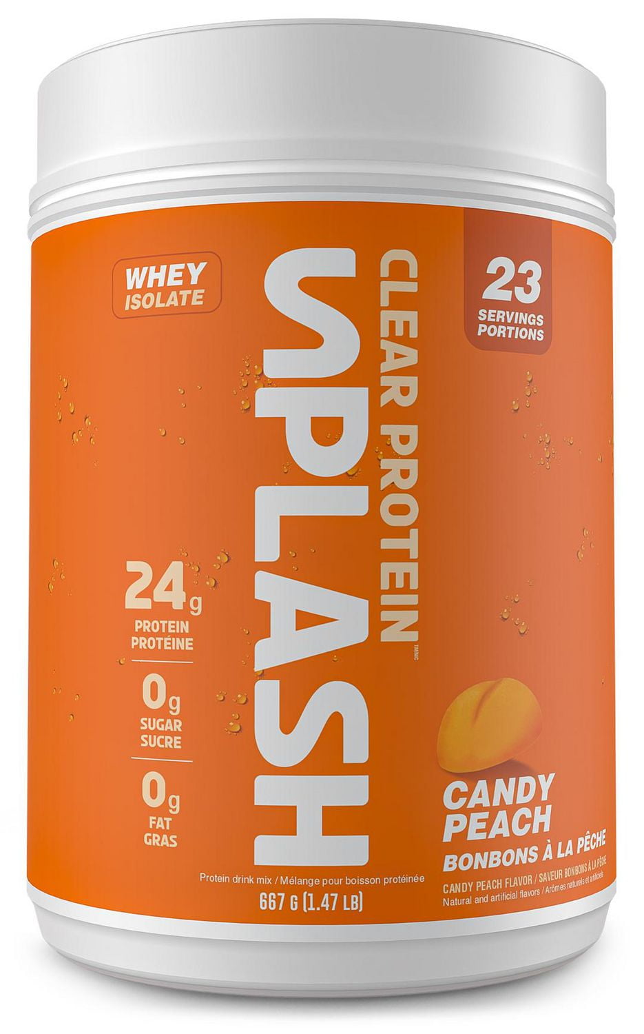 Revolution Nutrition, Splash Clear Isolate Protein, Poudre d’Isolat de Whey 100 % Clair, 24 g de Protéines par Dosette, Zéro Sucre, Zéro Glucide, Saveur Candy, Collagène, 667 g, Pêche Candy (23 Portions)