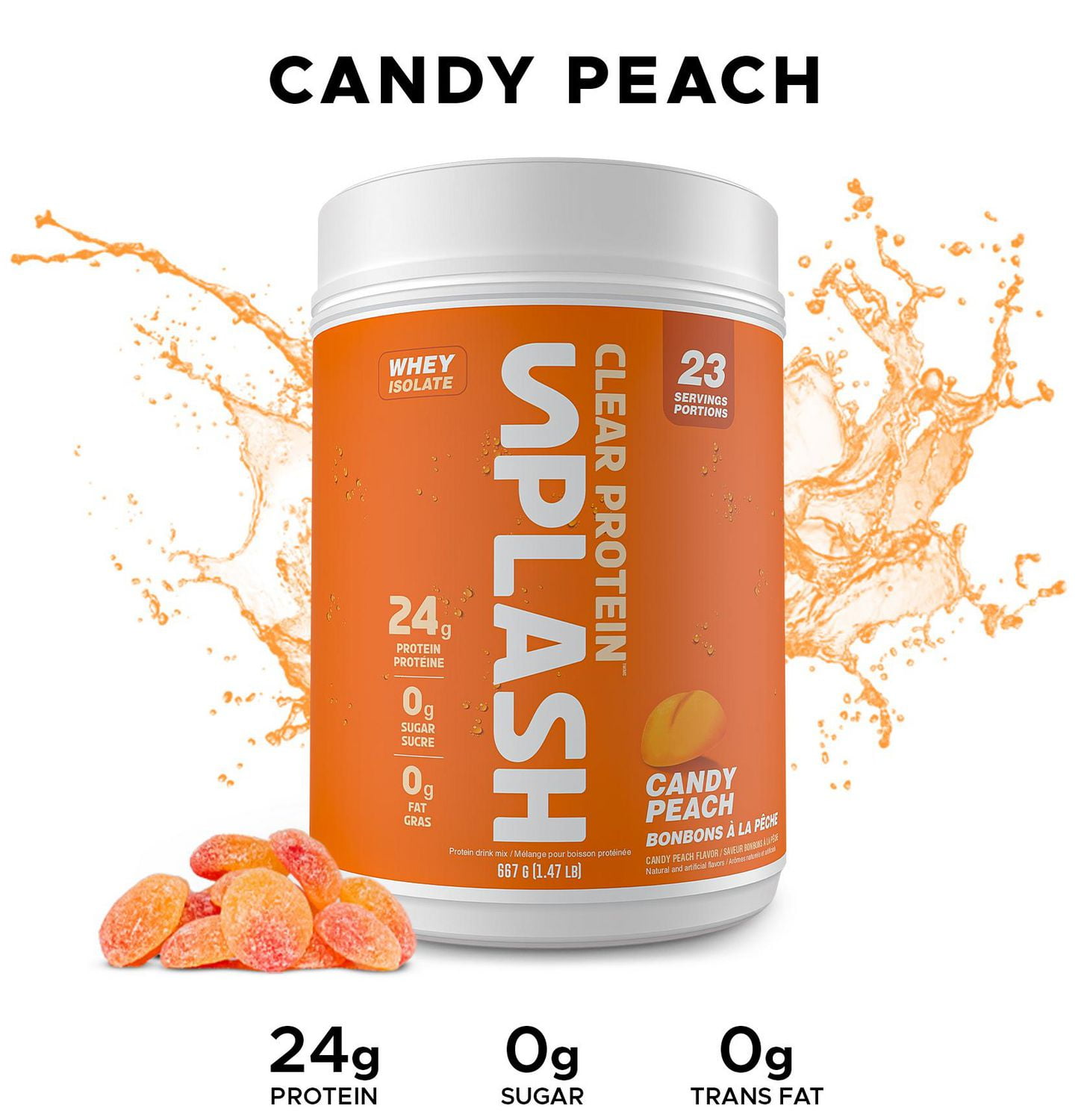 Revolution Nutrition, Splash Clear Isolate Protein, Poudre d’Isolat de Whey 100 % Clair, 24 g de Protéines par Dosette, Zéro Sucre, Zéro Glucide, Saveur Candy, Collagène, 667 g, Pêche Candy (23 Portions)