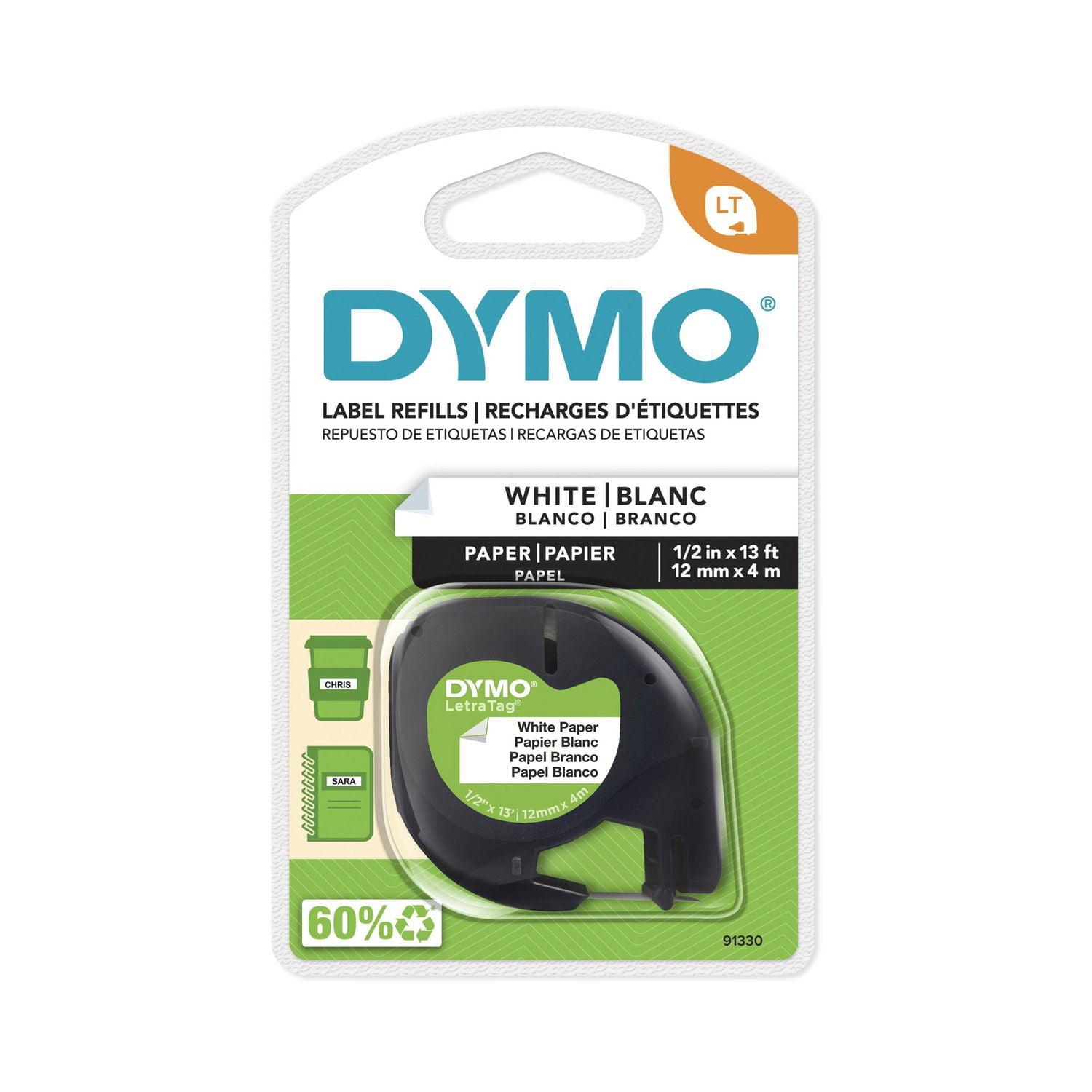 DYMO LetraTag Paper Labels, Black Print on White Labels, 1/2