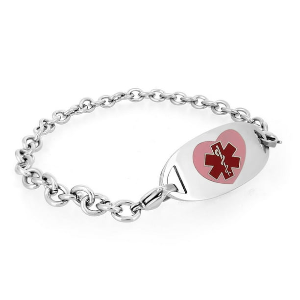 MedicEngraved - Bracelet d'identité médicale de acier inoxydable des femmes avec étiquette médicale en coeur rose