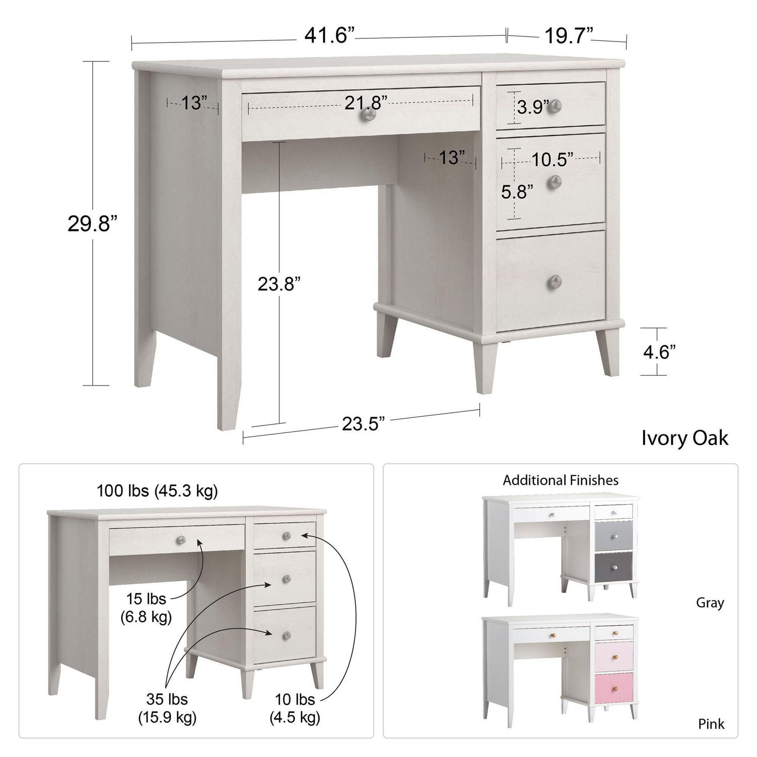 Monarch Hill Poppy Kids White Desk Grey Drawers Walmart