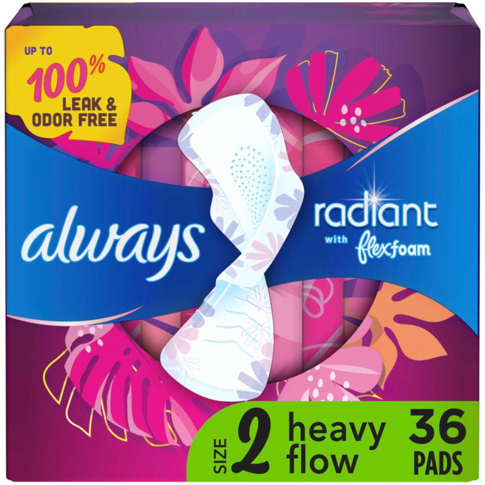 Always Radiant FlexFoam Pads for Women Size 2, Heavy Flow Absorbency, 100%  Leak & Odor Free Protection is possible, with Wings, Scented, 36 Count