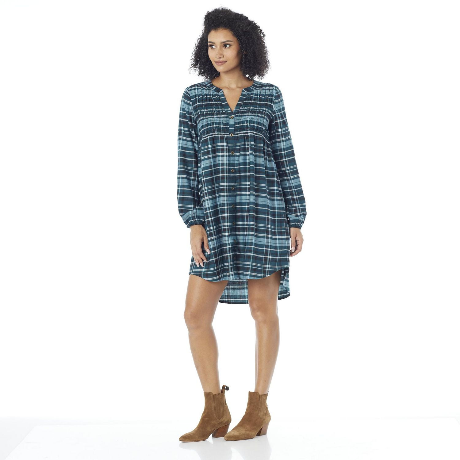 IVY Women's Plaid Button Front Smocked Dress