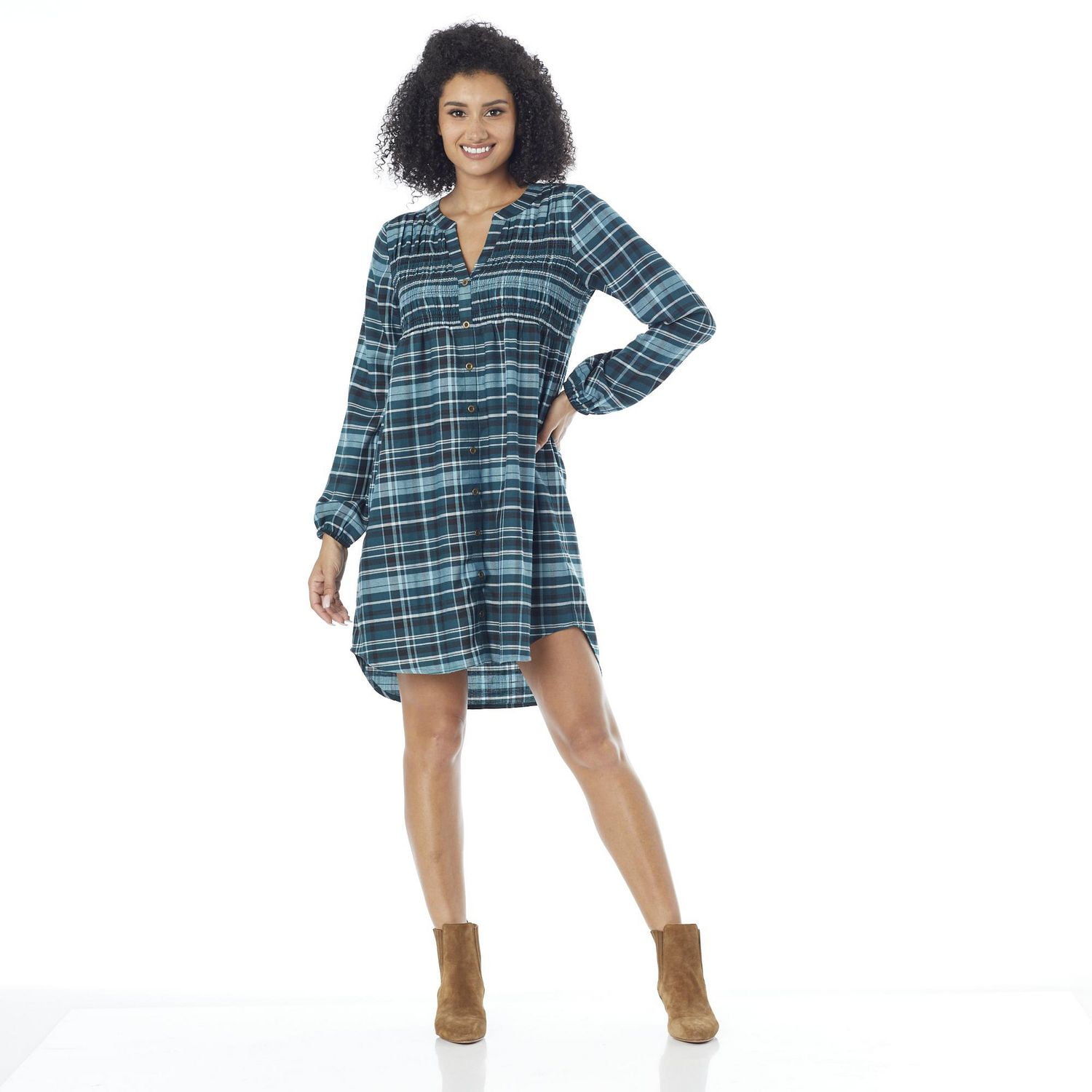 IVY Women's Plaid Button Front Smocked Dress