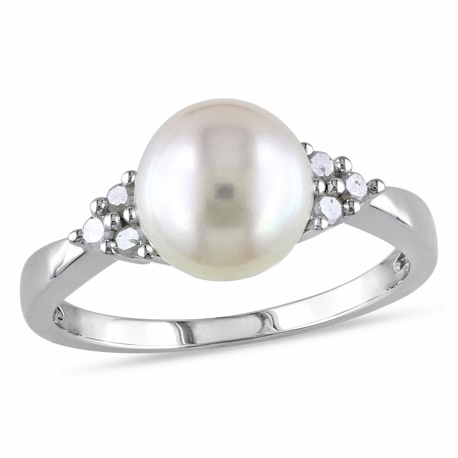 Miabella Cultured Freshwater Pearl and 1/8 Carat T.W. Diamond Sterling Silver Ring