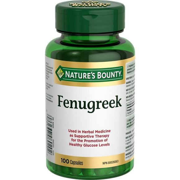 NATURE'S BOUNTY Fenugrec, 610&nbsp;mg, utilisé en phytothérapie comme traitement de soutien à une glycémie saine et pour favoriser la production de lait, 100&nbsp;capsules 100 paquet 100 gélules