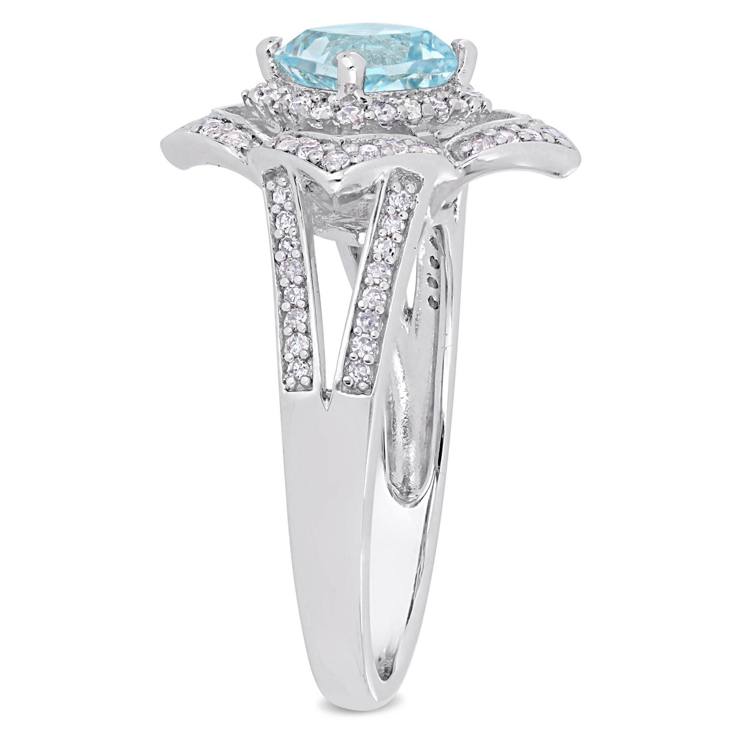 Bague quadrilobe à anneau divisé Miabella avec topazes bleue et blanche et diamants 1/5 CT poids total en argent sterling