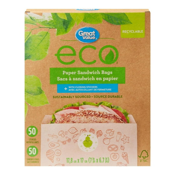 Great Value Eco Paper Sandwich bags, 50 Stickers, 50 Sandwich bags
