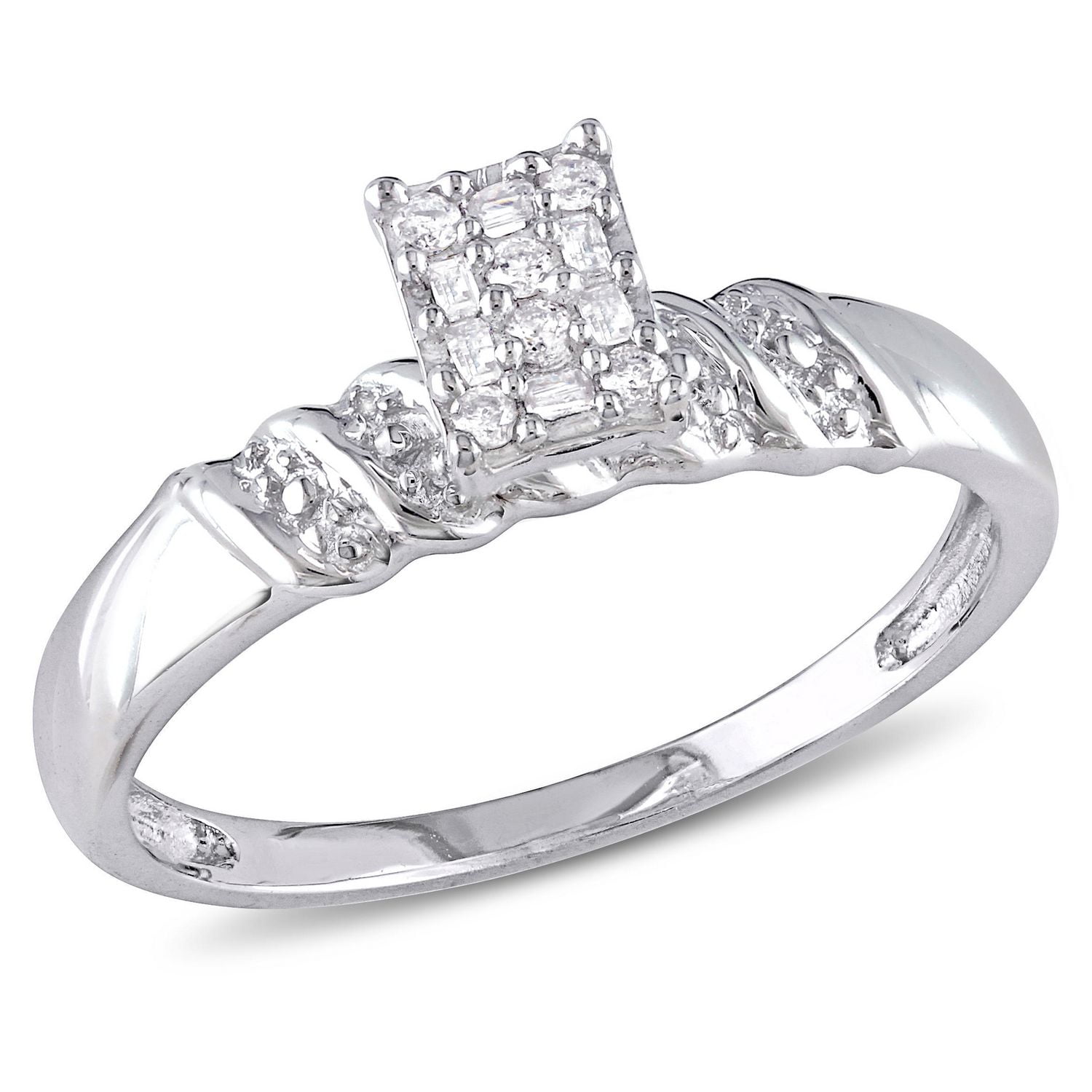 Bague de fiançailles Miabella avec diamants ronds et de coupe baguette 1/10 CT poids total en argent sterling
