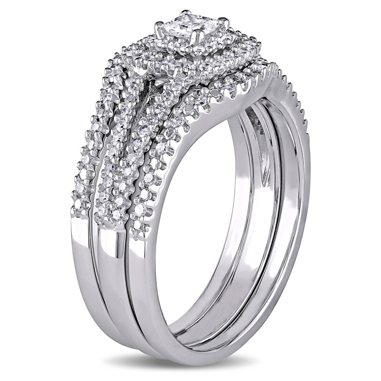 Miabella 1/2 Carat T.W. Princess And Round Diamond Sterling Silver Double HALO 3-Piece Bridal Set