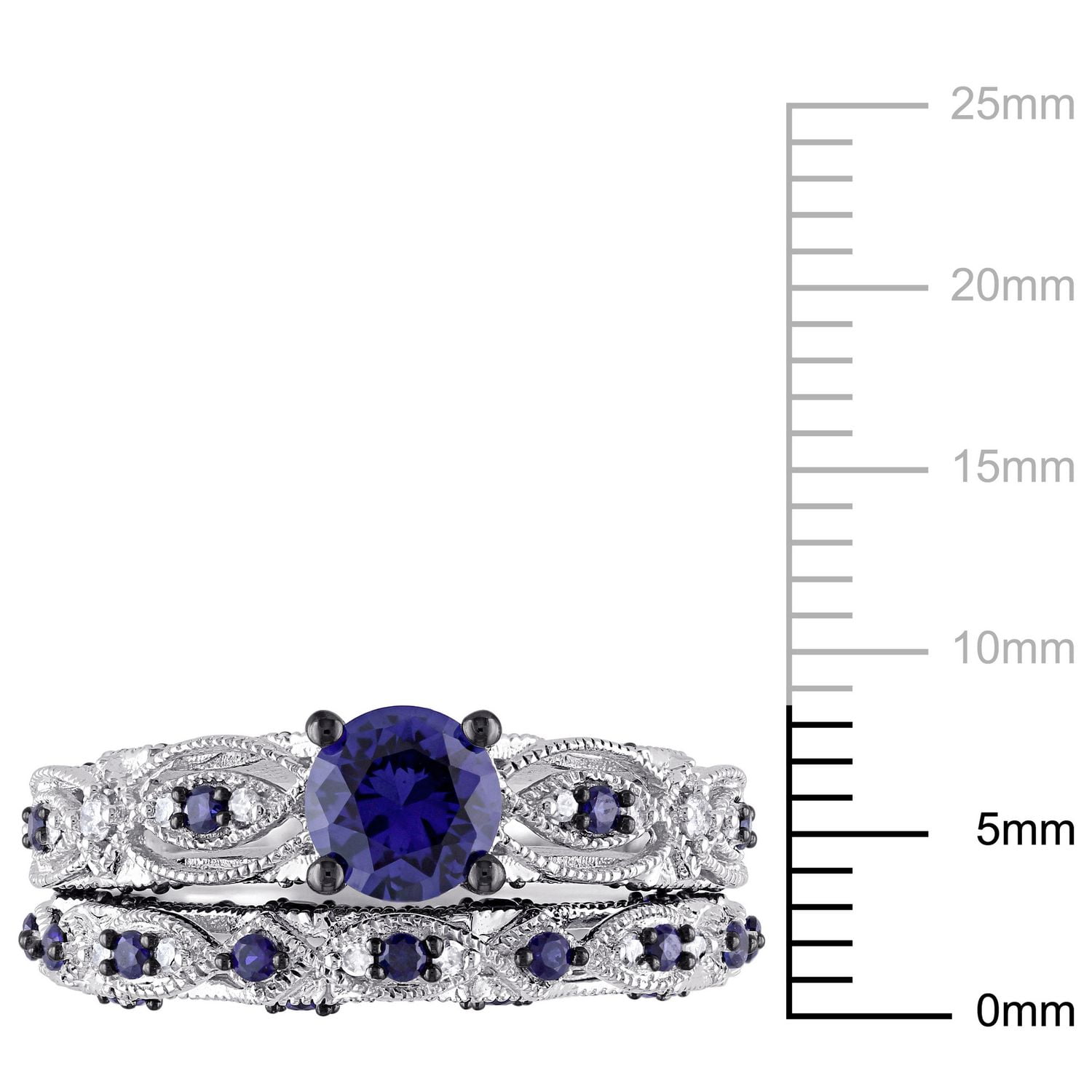 Ensemble nuptial rétro Tangelo avec saphirs bleus synthétiques 1-3/4 CT PBT et diamants 1/10 CT poids total en or blanc 10K