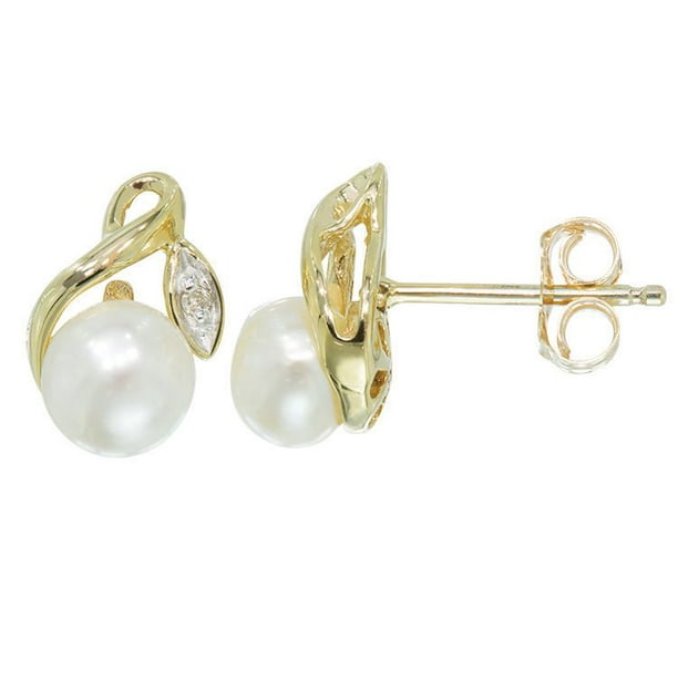 Collection Simply Pearl-Boucles d'oreilles 10 Karat Or jaune de perle d'eau douce, 5mm avec diamant   .01ct