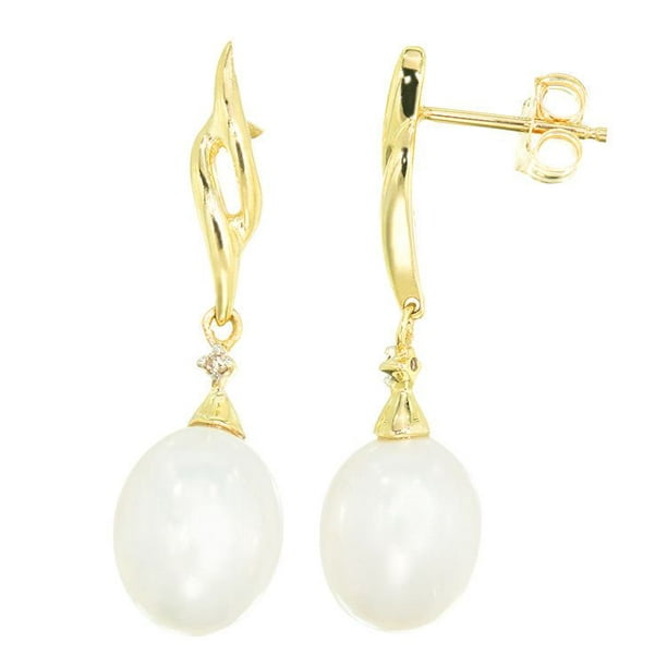 Collection Simply Pearl-Boucles d'oreilles Or jaune 10 Karat Or jaune de perle d'eau douce 9/7mm avec diamant   .01ct