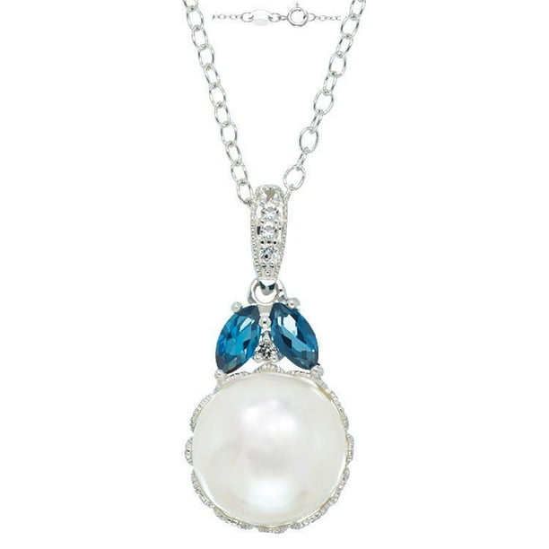 Collection Simply Pearl-Pendentif d'argent de perle d'eau douce bouton 10MM, avec le topaz bleu taille marquis.