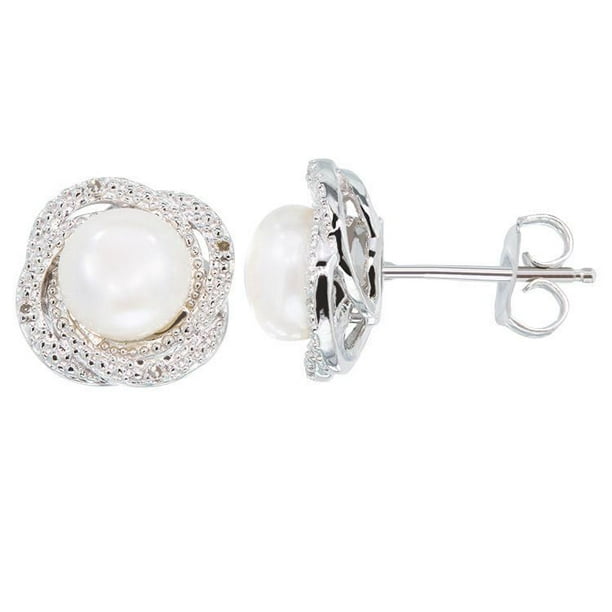 Collection Simply Pearl-Boucles d'oreille d'argent de perle d'eau douce bouton 8MM, avec diamant .024ct.