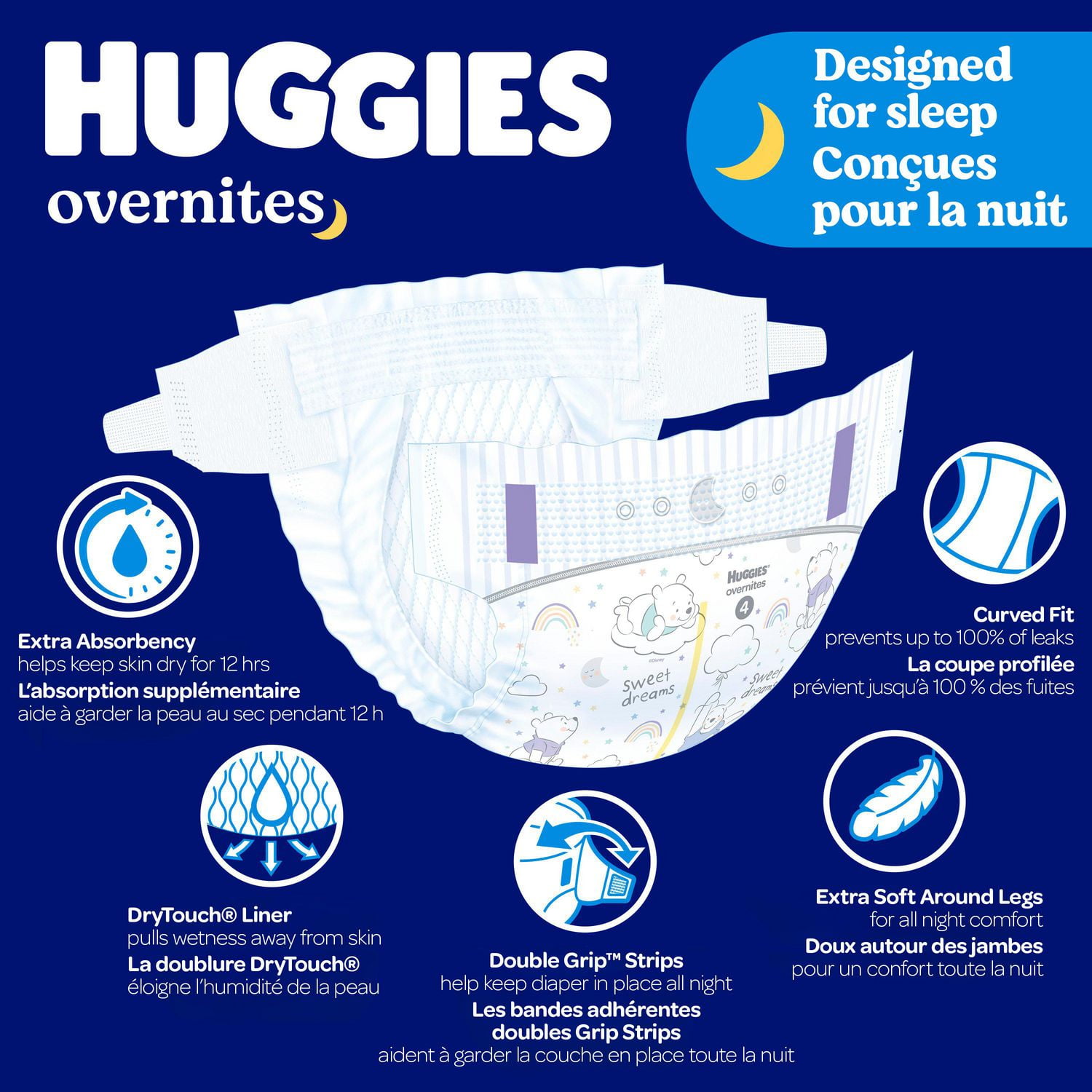 Huggies Overnites Nighttime Baby Diapers, Sizes: 3-7 | 36-66Count, Sizes 3-7 | 36-66 Count