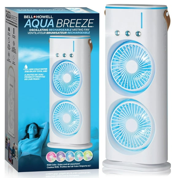 Bell + Howell Aqua Breeze Oscillating Rechargeable Misting Fan with Dual 180° Rotating Fans