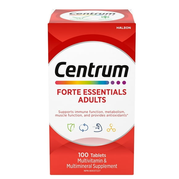 Supplément complet de vitamines et de minéraux multiples multivitamines pour adultes Forte Essentiels de Centrum 100 comprimés
