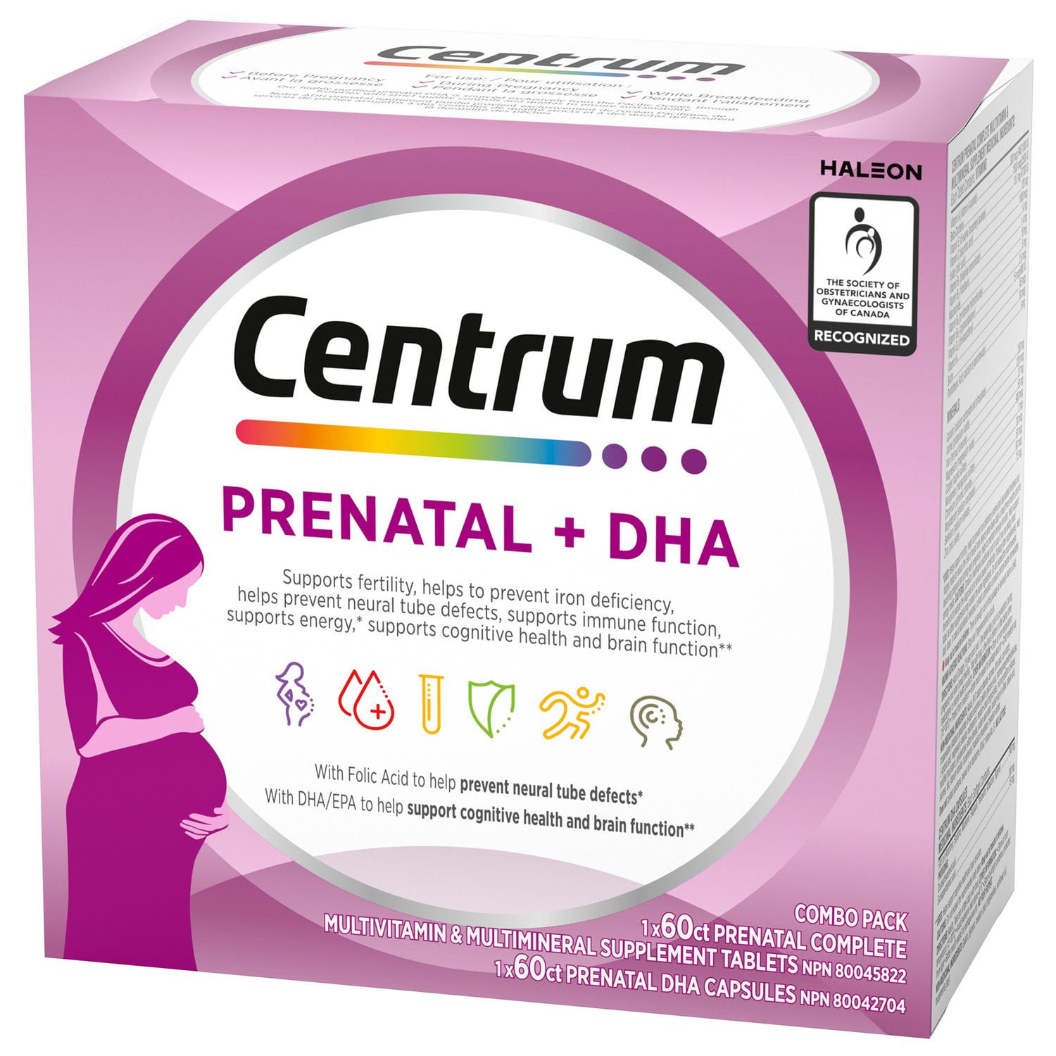 Supplément complet de vitamines et de minéraux multiples ADH et prénatal de Centrum 1 x 60 comprimés prénatals, 1 x 60 capsules ADH