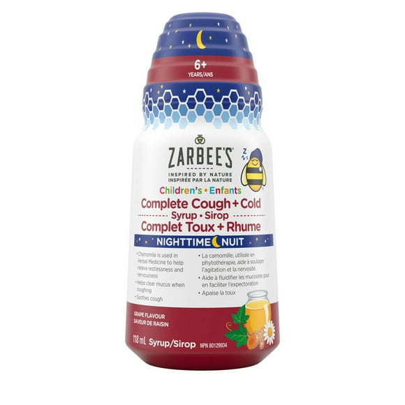 Zarbee’s Children’s Nighttime Complete Cough + Cold Syrup, for Kids 6+, Honey, Chamomile, Ivy Leaf Extract, Zinc & Turmeric Root, Dye-Free, Grape, 118 mL