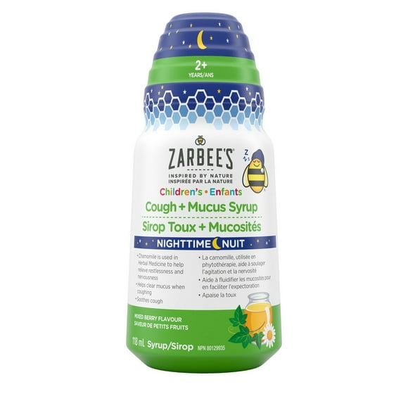 Zarbee’s Children’s Nighttime Cough + Mucus Syrup for Kids 2+ years, Honey, Chamomile, & Ivy Leaf, Dye & Alcohol-Free, Mixed Berry, 118 mL